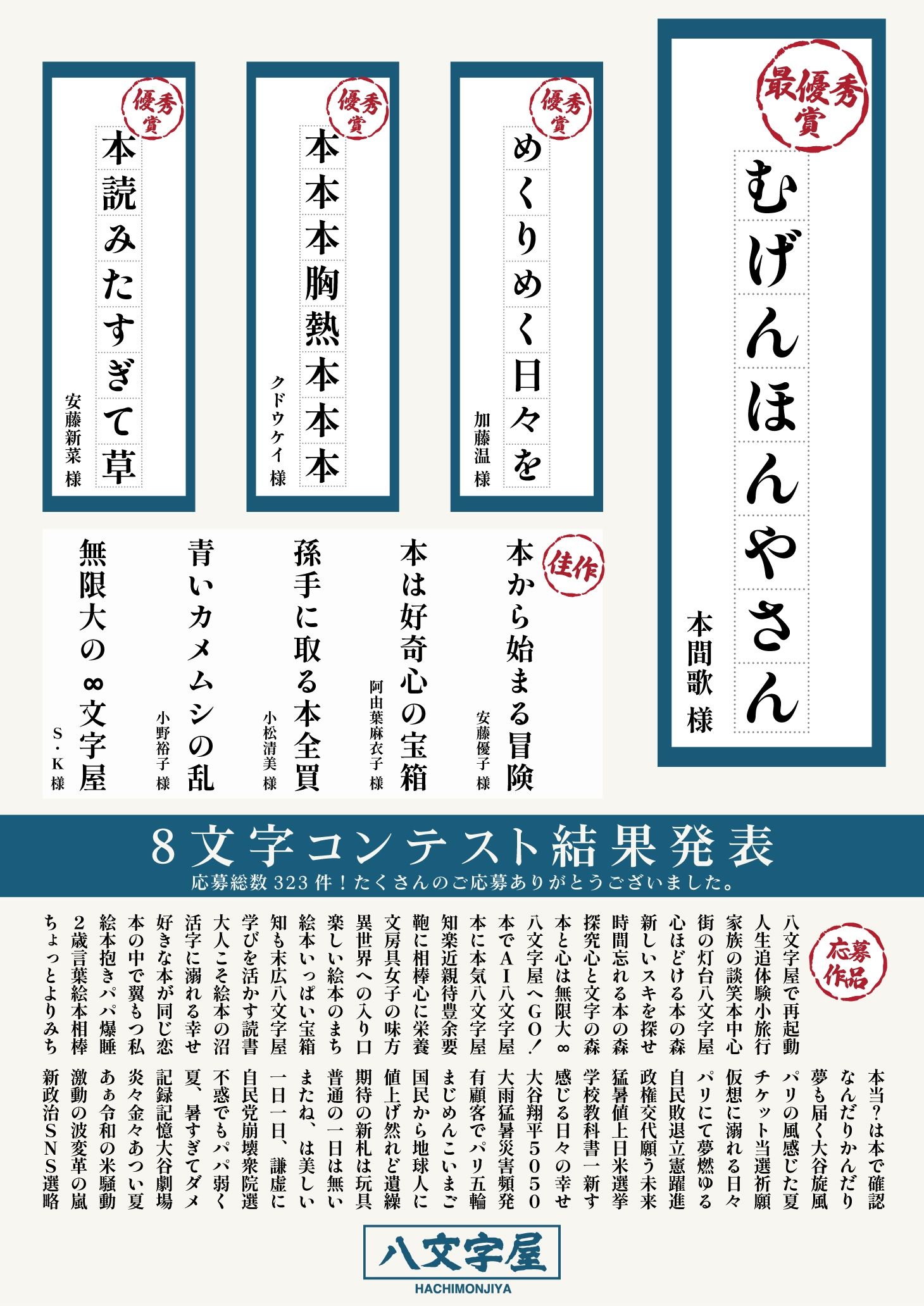 8文字コンテスト結果発表！ | 記事・お知らせ | 八文字屋 | いつも
